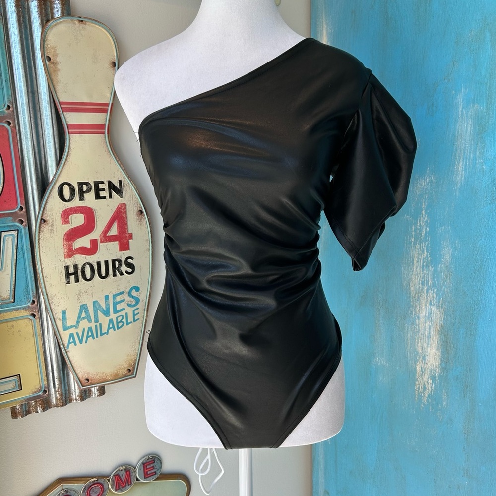 Olivaceous Black Faux Leather One Shoulder Puff Sleeve Bodysuit